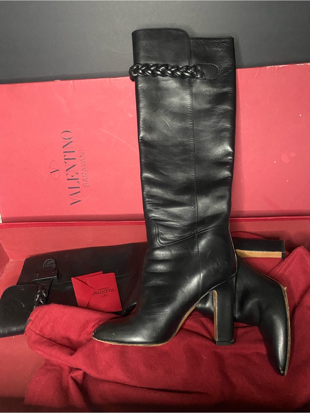 Valentino Black Leather Knee-High Block Heel Boots with Braided Detail W6.5/37